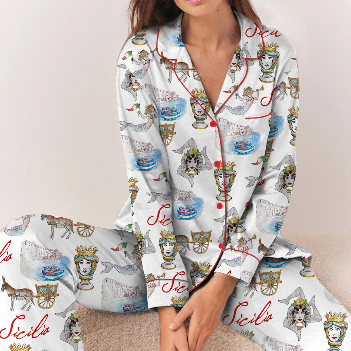 Sicily Italy Travel Silky Satin Pajama Set For Women
