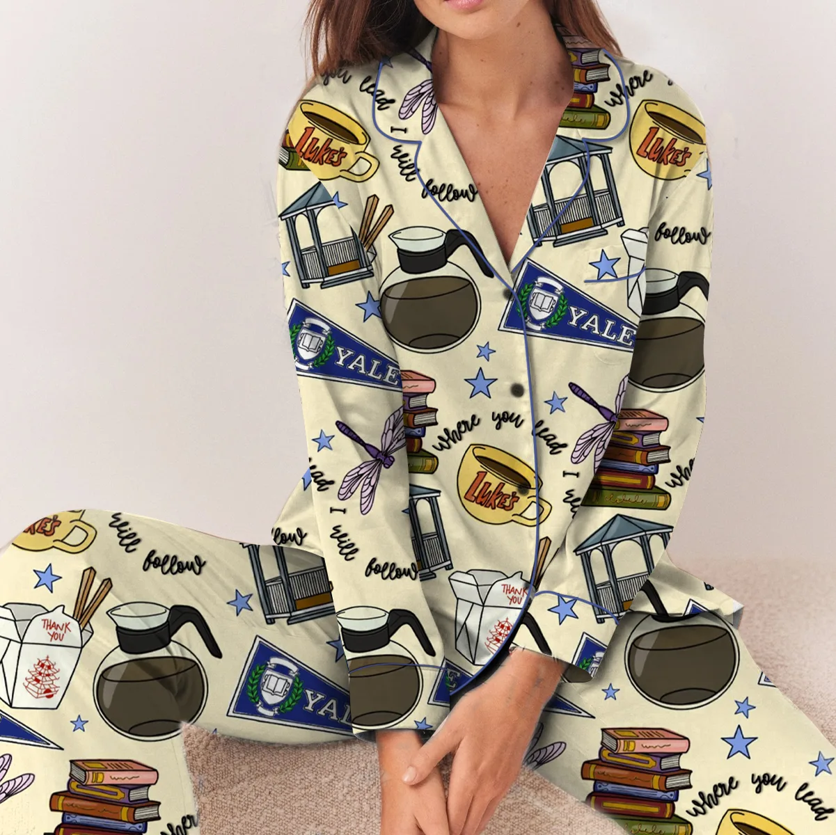 Stars Hollow Gilmore Girls Satin Pajamas Set For Women