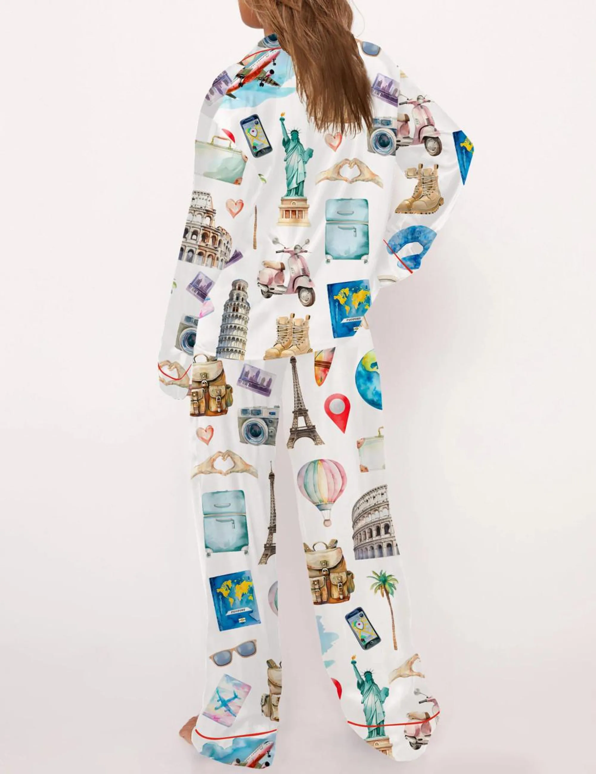 Travel Lover Silk Satin Pajama Set For Women