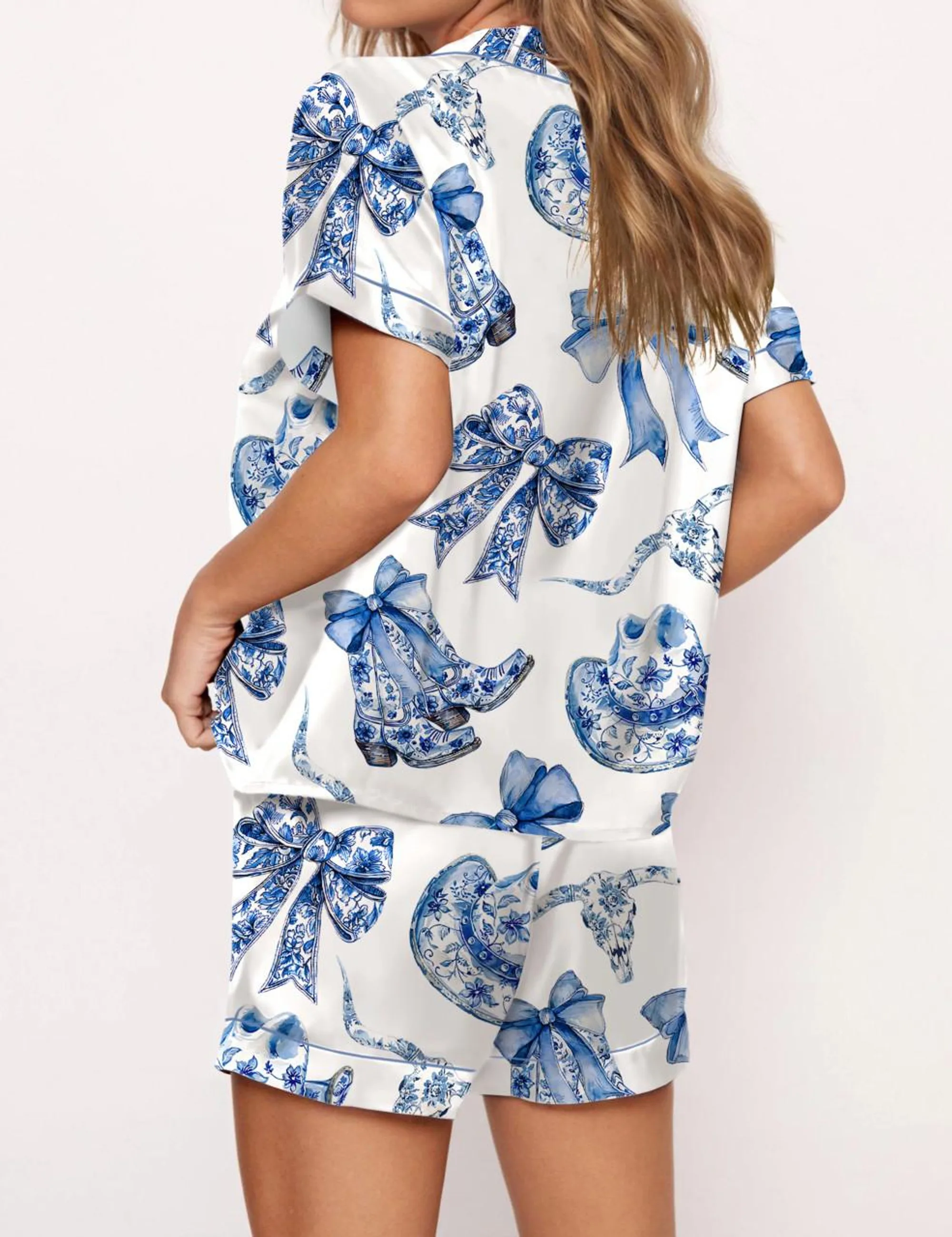 Trendy Western Coastal Cowgirl Silk Satin Pajama Set For Women