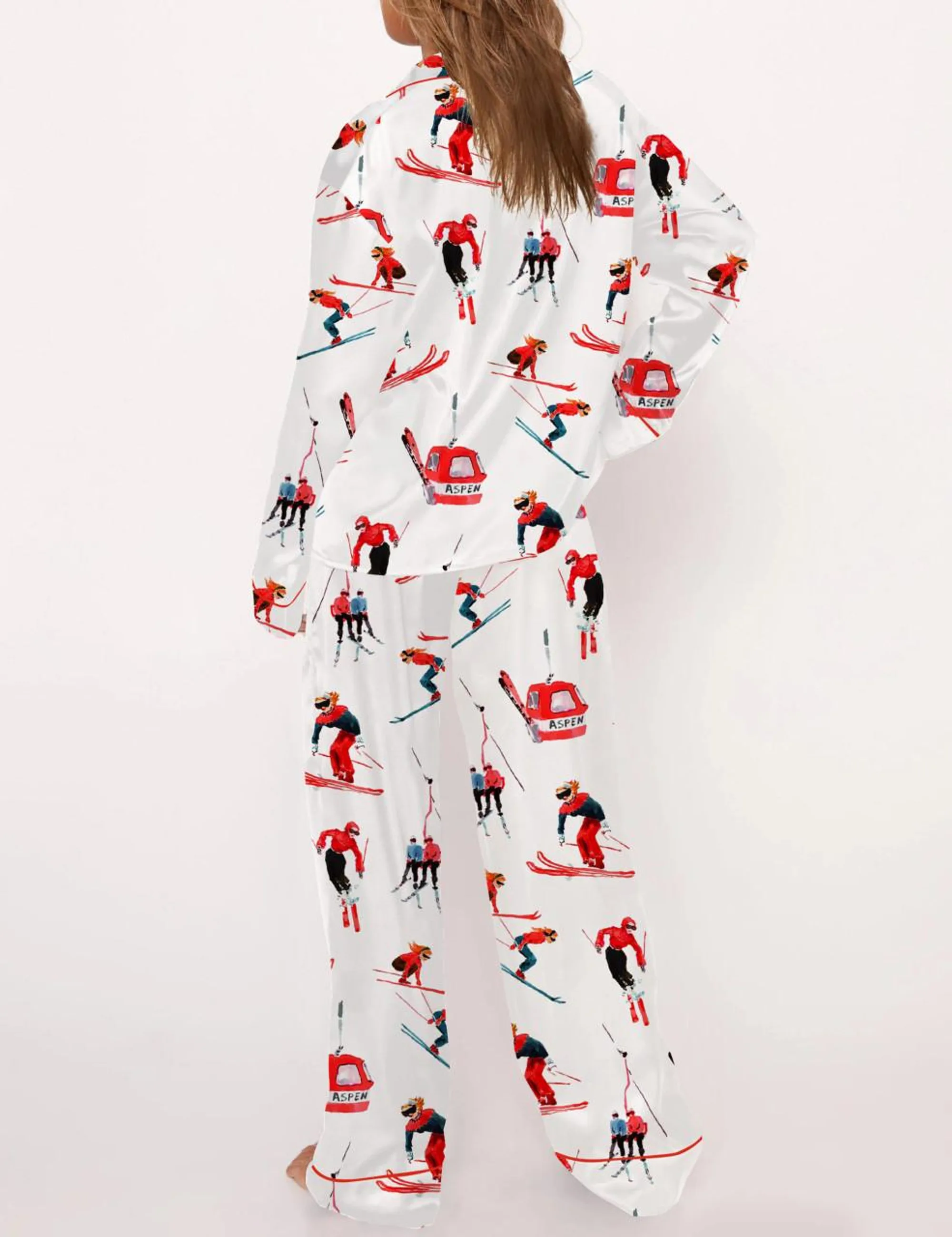 Vintage Skiers Silk Satin Pajama Set For Women