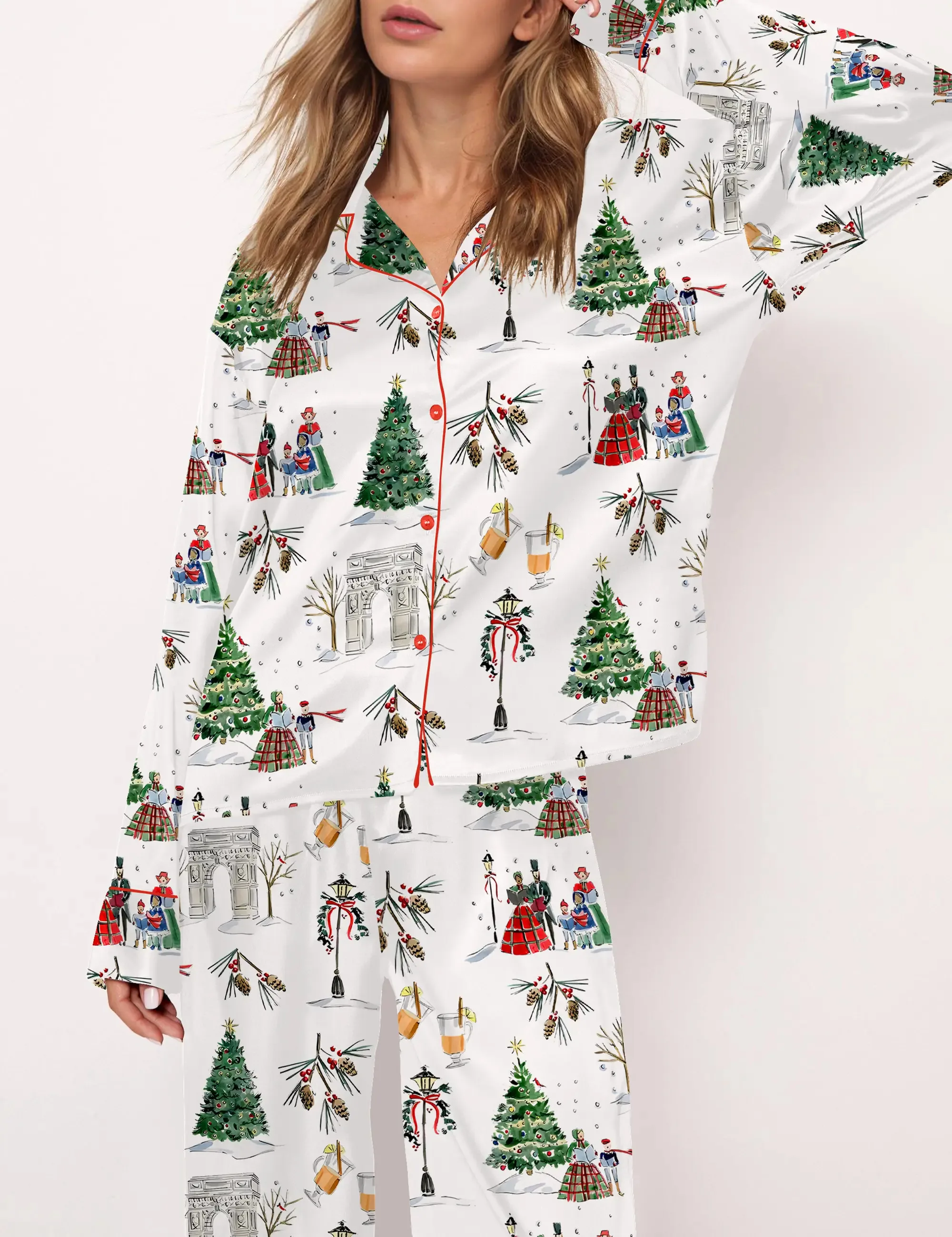 Watercolor Christmas Silk Satin Pajama Set For Women