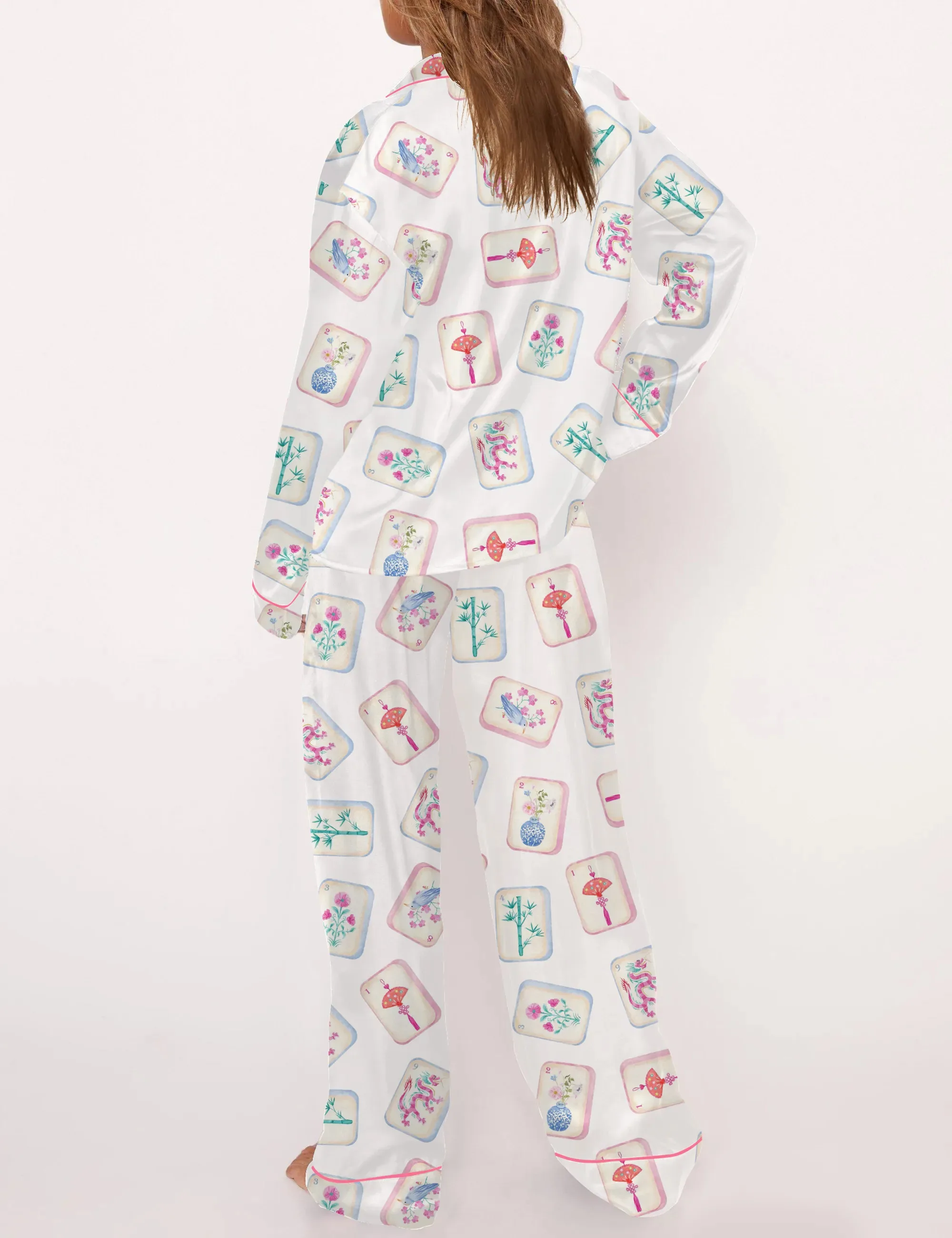 Watercolor Mahjong Silk Satin Pajama Set For Women