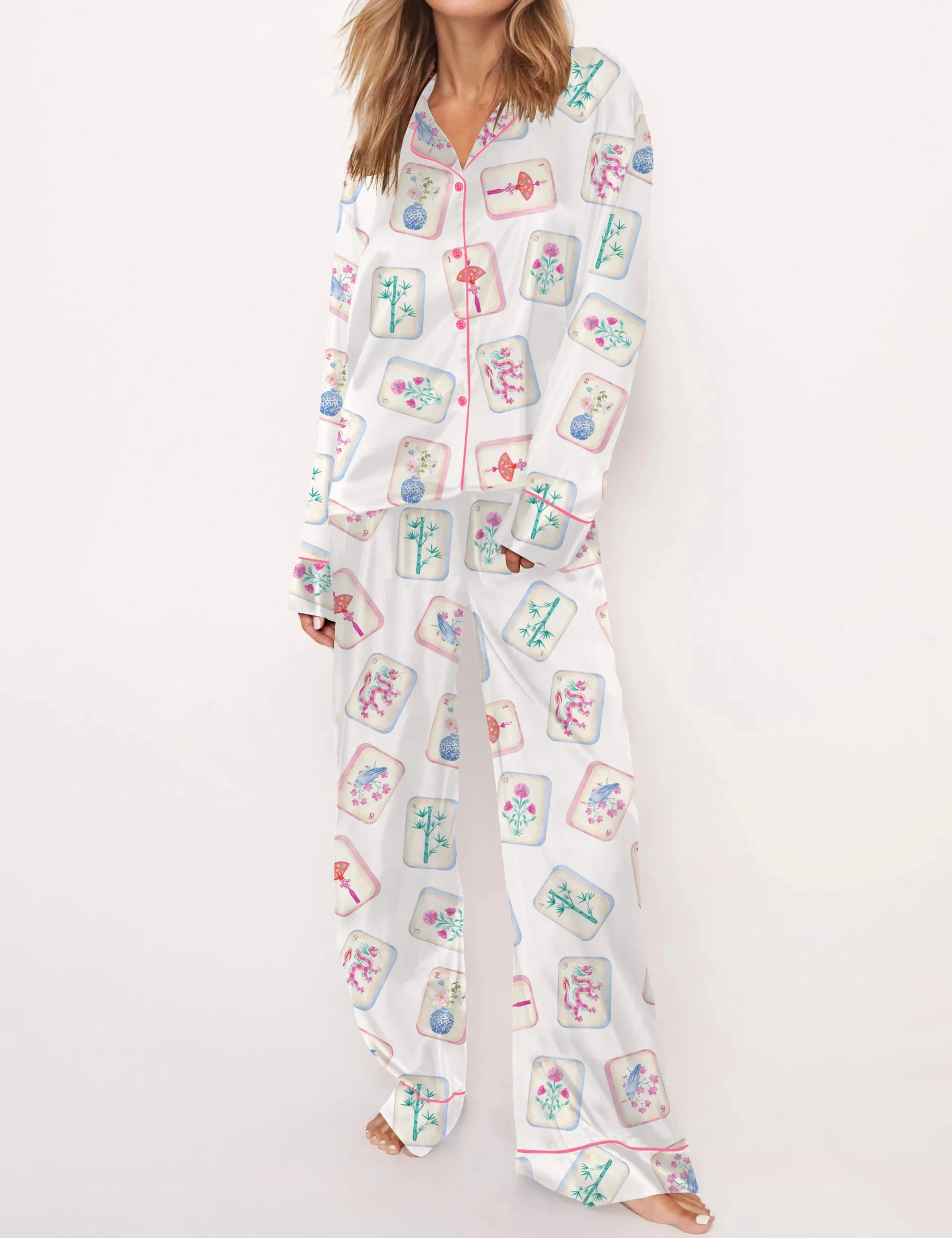 Watercolor Mahjong Silk Satin Pajama Set For Women