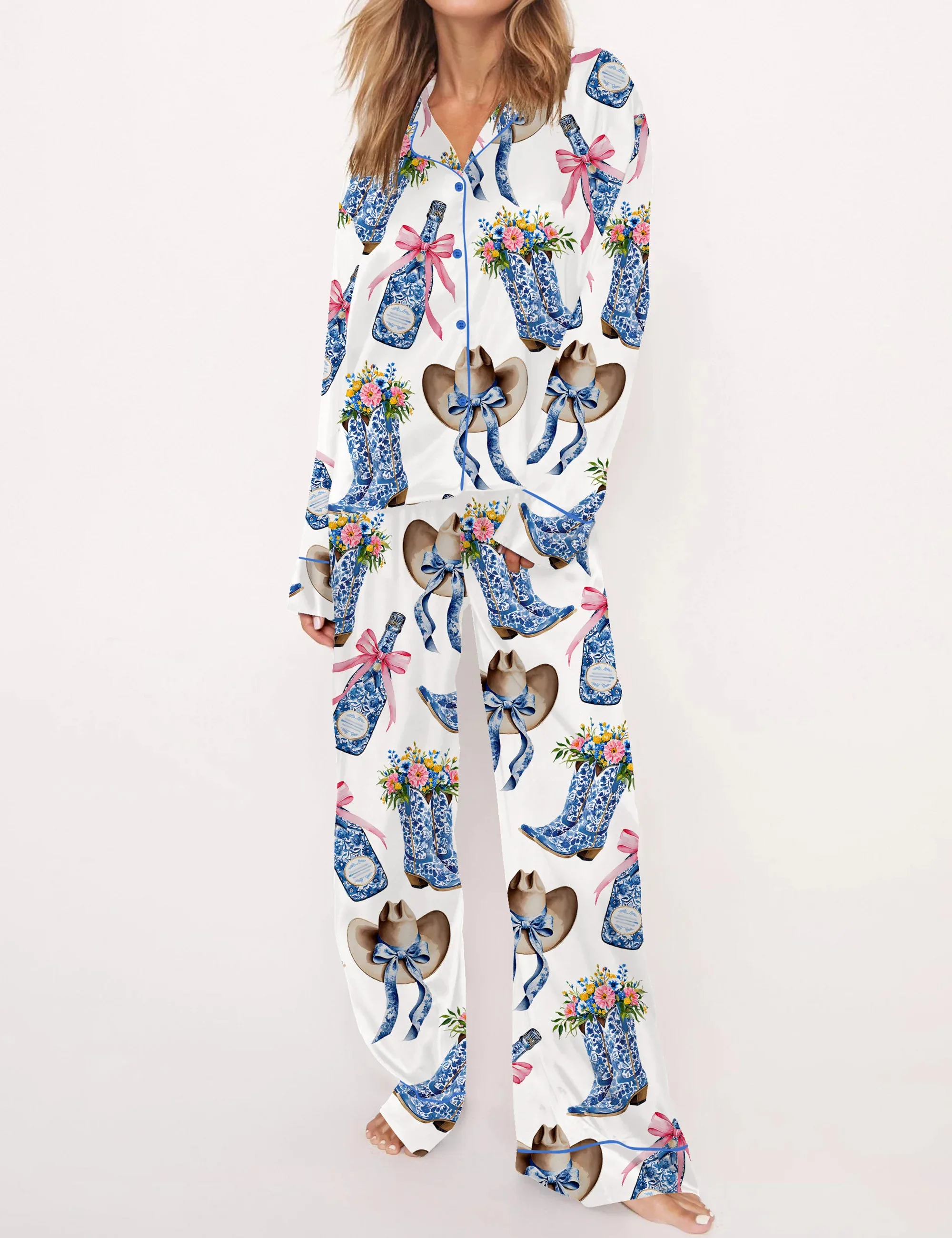 Western Coastal Cowgirl Silk Satin Pajama Set For Women