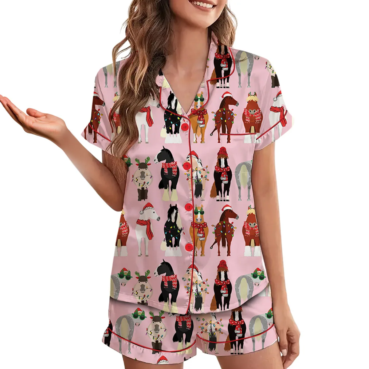Women_s Funny Horse Christmas Satin Pajamas Set