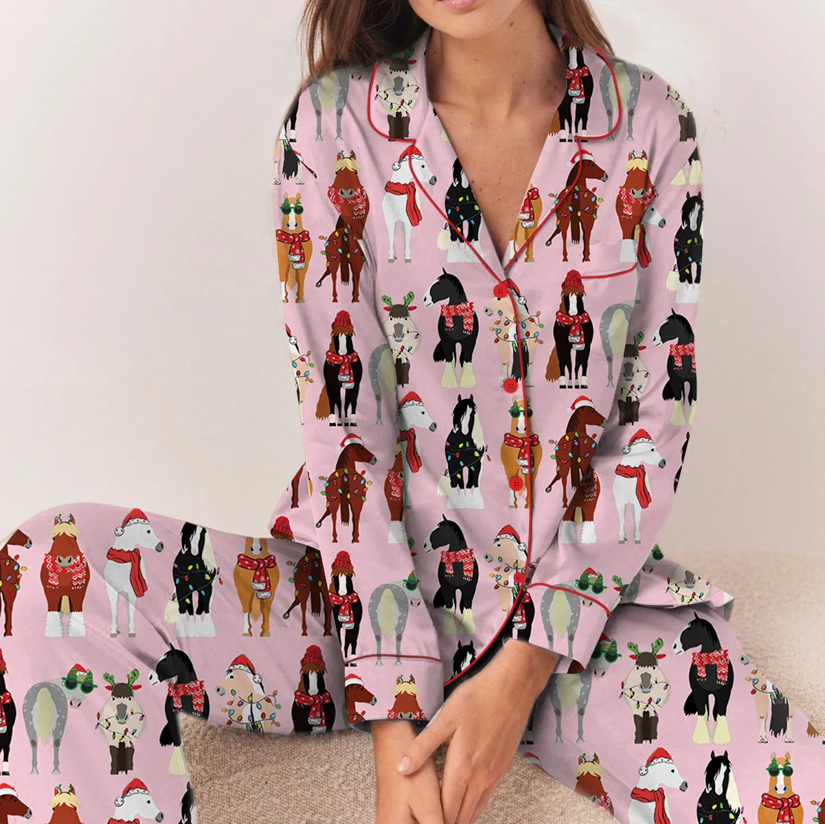 Women_s Funny Horse Christmas Satin Pajamas Set