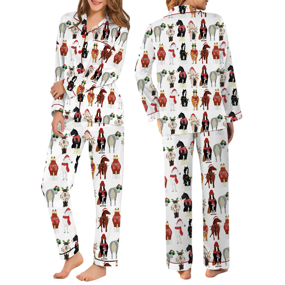Women_s Funny Horse Christmas Satin Pajamas Set