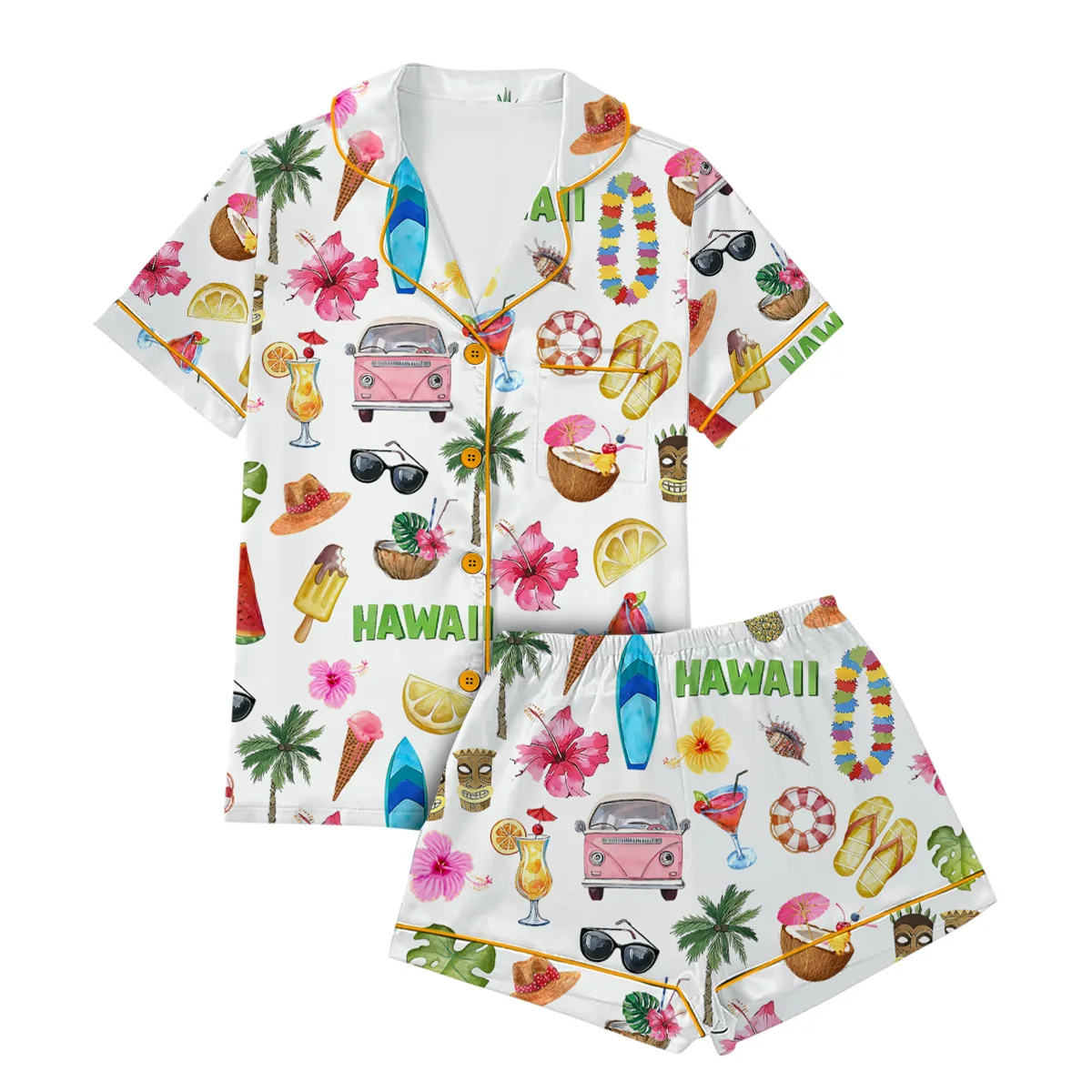 Women_s Hawaii Travel Short Sleeve Satin Pajama Set