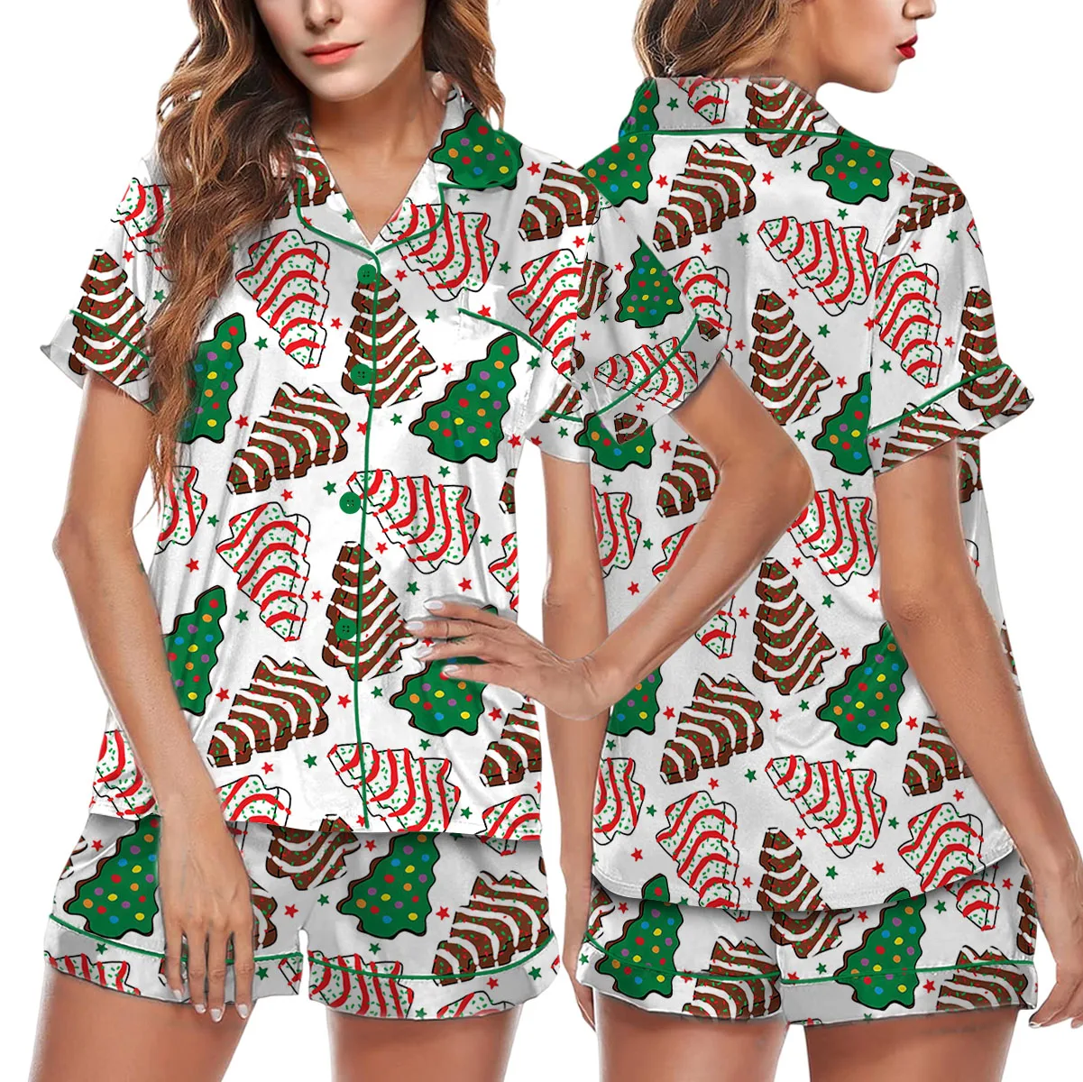 Womens Christmas Tree Cake Satin Pajamas Set