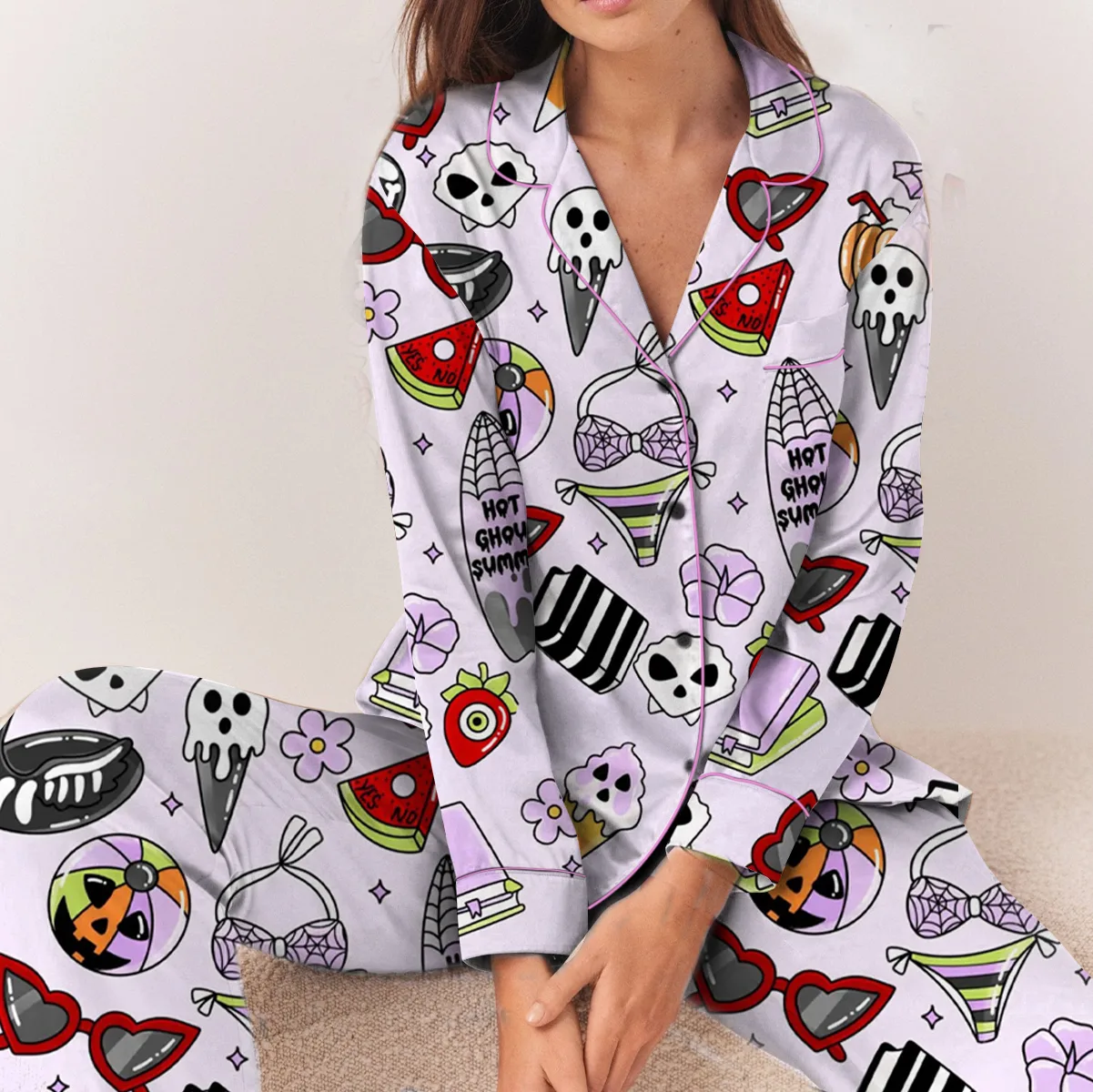 Women’s Funny Halloween Satin Pajamas Set For Women