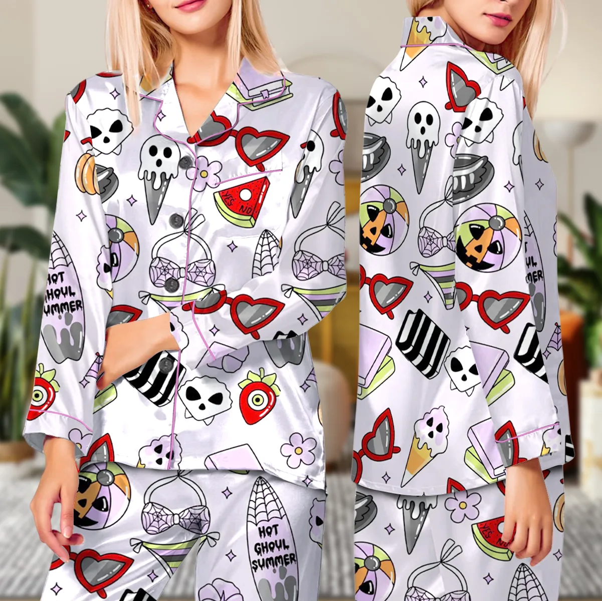 Women’s Funny Halloween Satin Pajamas Set For Women