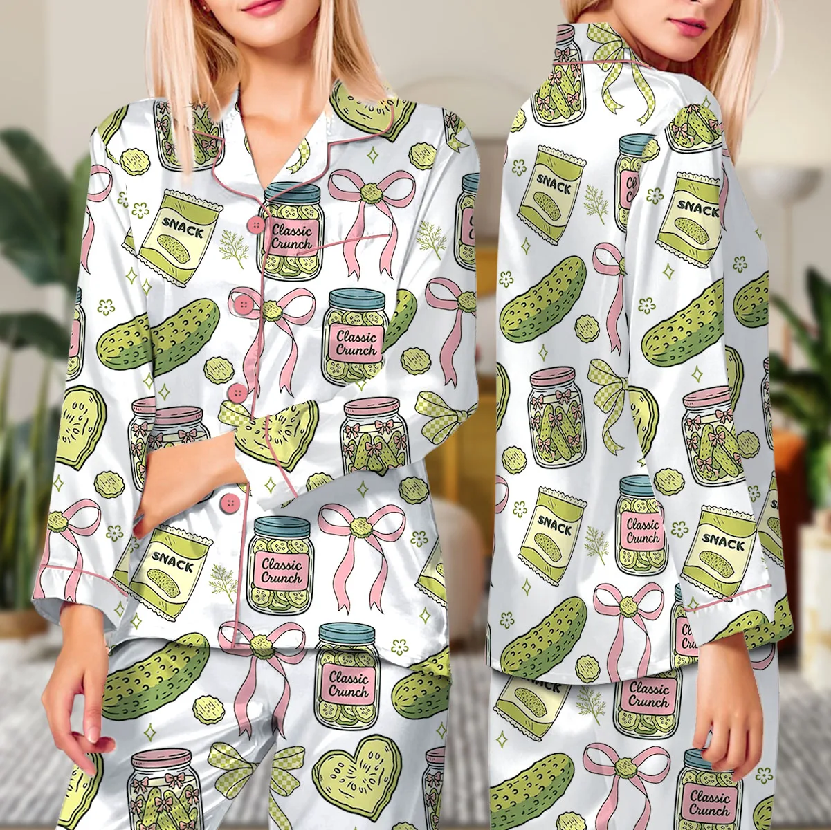 Women's Pickle Print Satin Pajamas Set