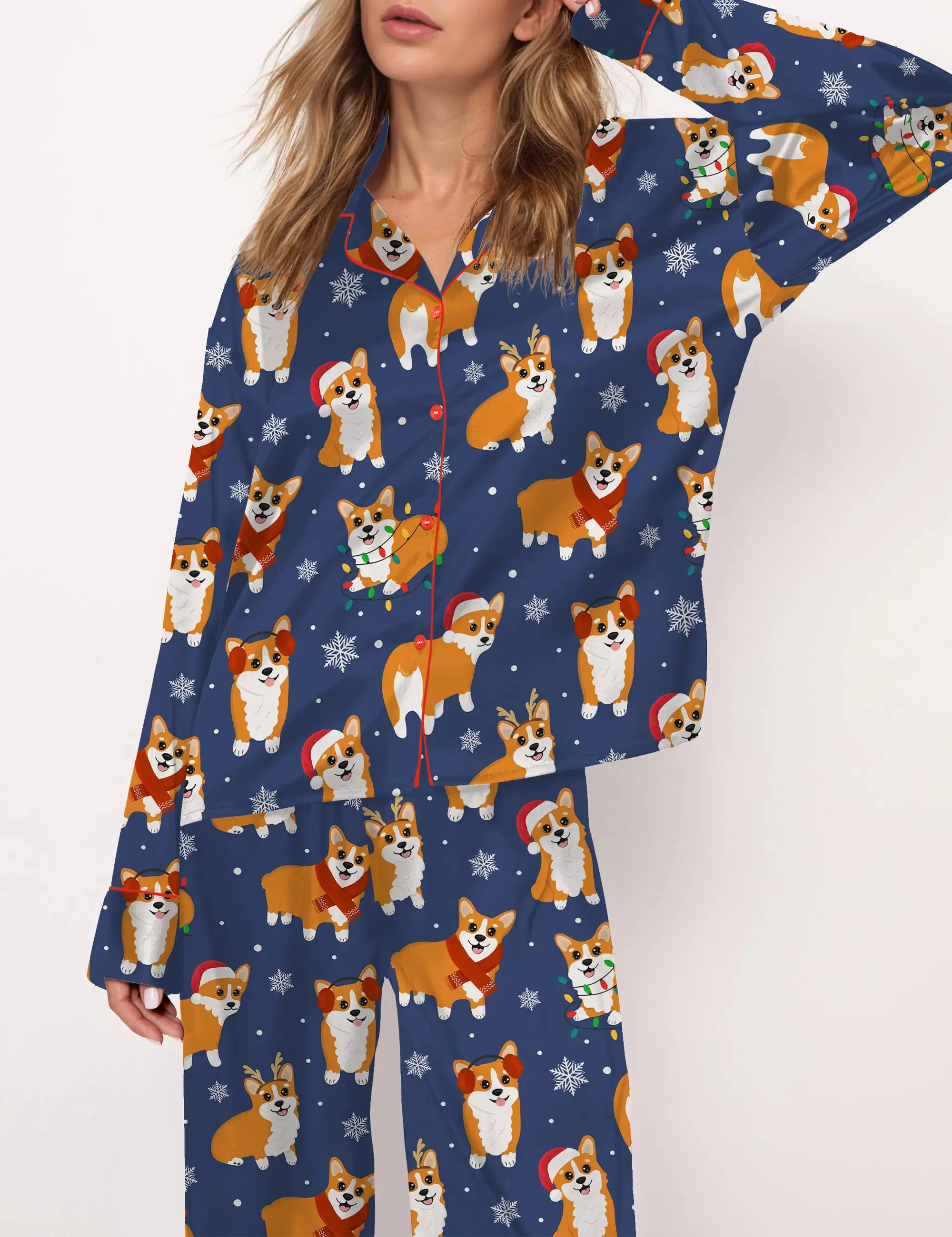 Corgi Dog Christmas Silky Satin Pajama Set For Women