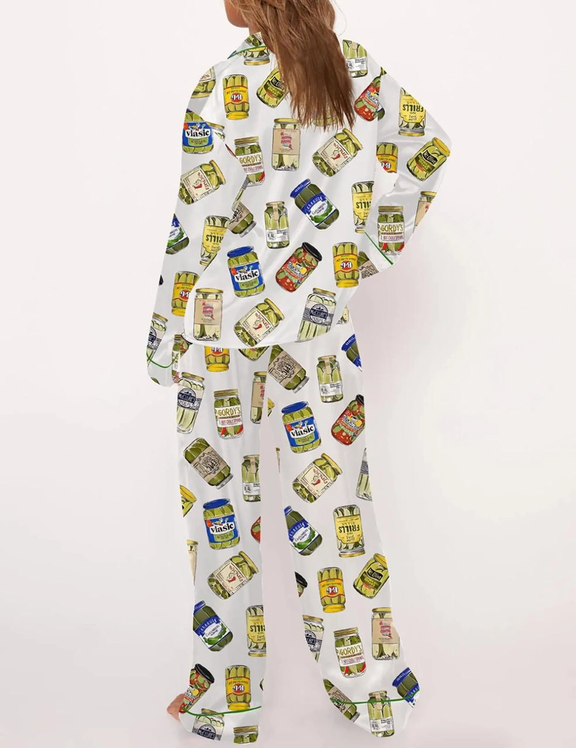 Vintage Canned Pickles Silk Satin Pajama Set For Women