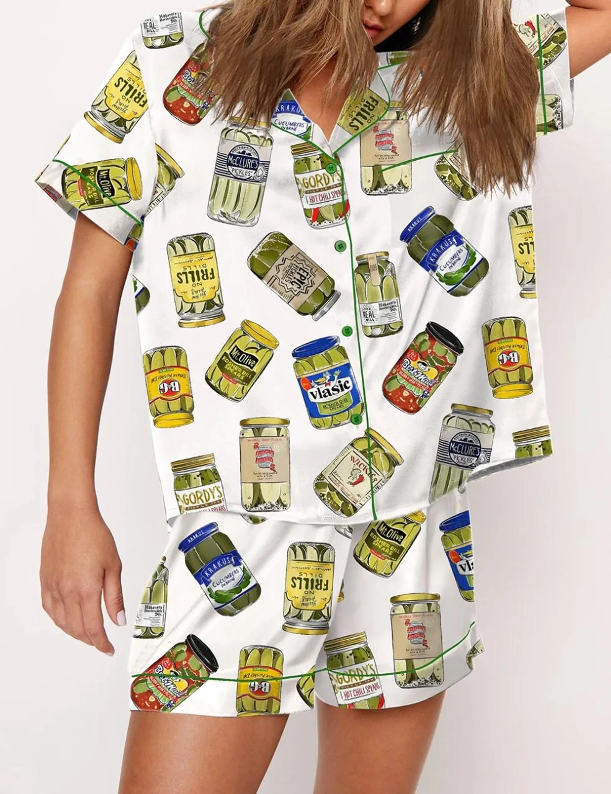 Vintage Canned Pickles Silk Satin Pajama Set For Women