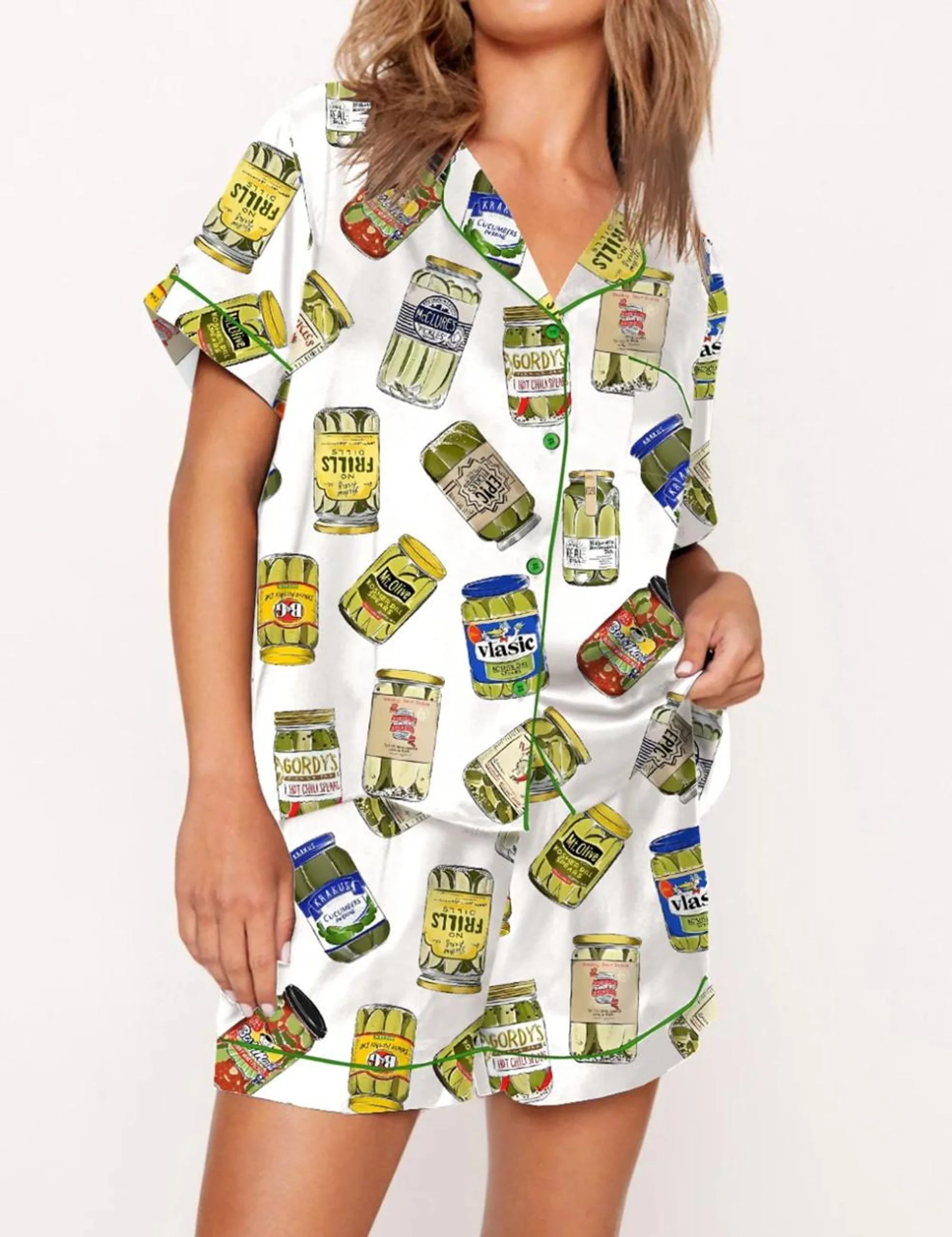 Vintage Canned Pickles Silk Satin Pajama Set For Women
