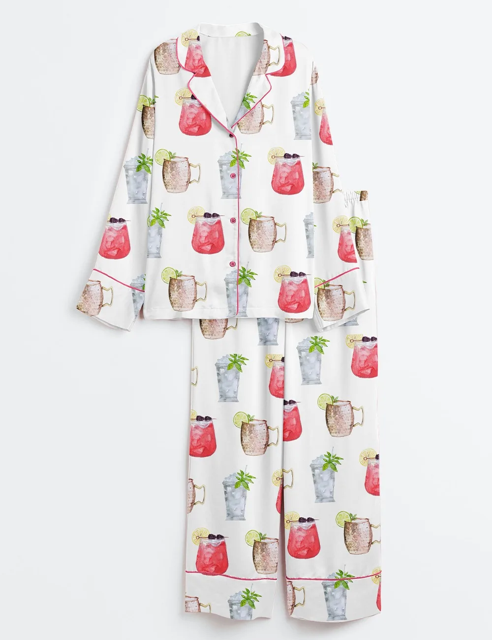 Drink Oaks Lily Cocktails Print Satin Pajama Set (1)