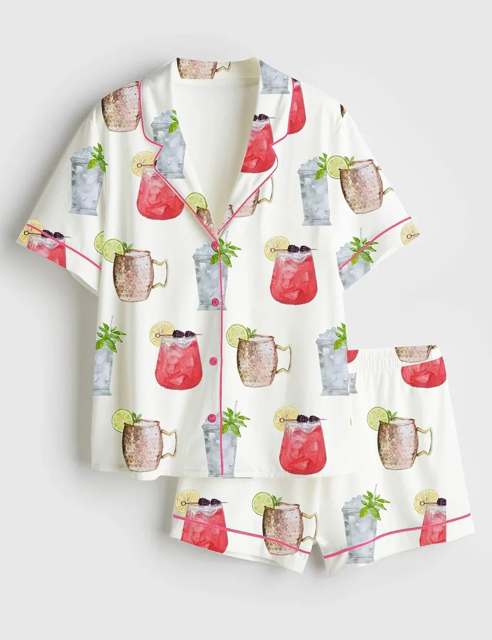Drink Oaks Lily Cocktails Print Satin Pajama Set (1)