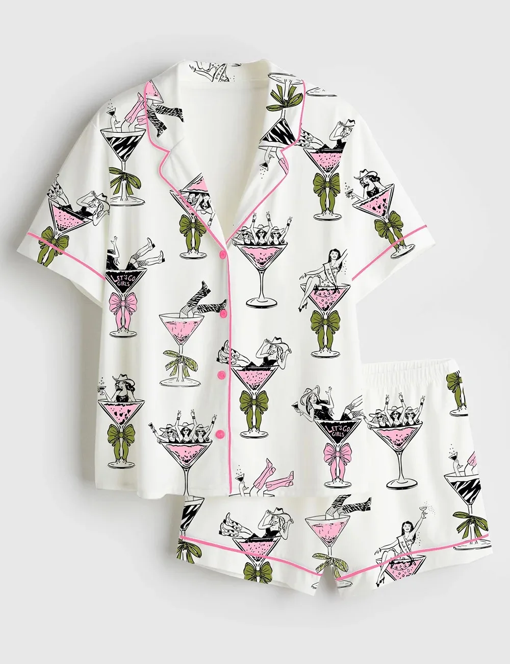 Girls In Martini Glass Hand Drawn Martini Drinks Print Satin Pajama Set (1)