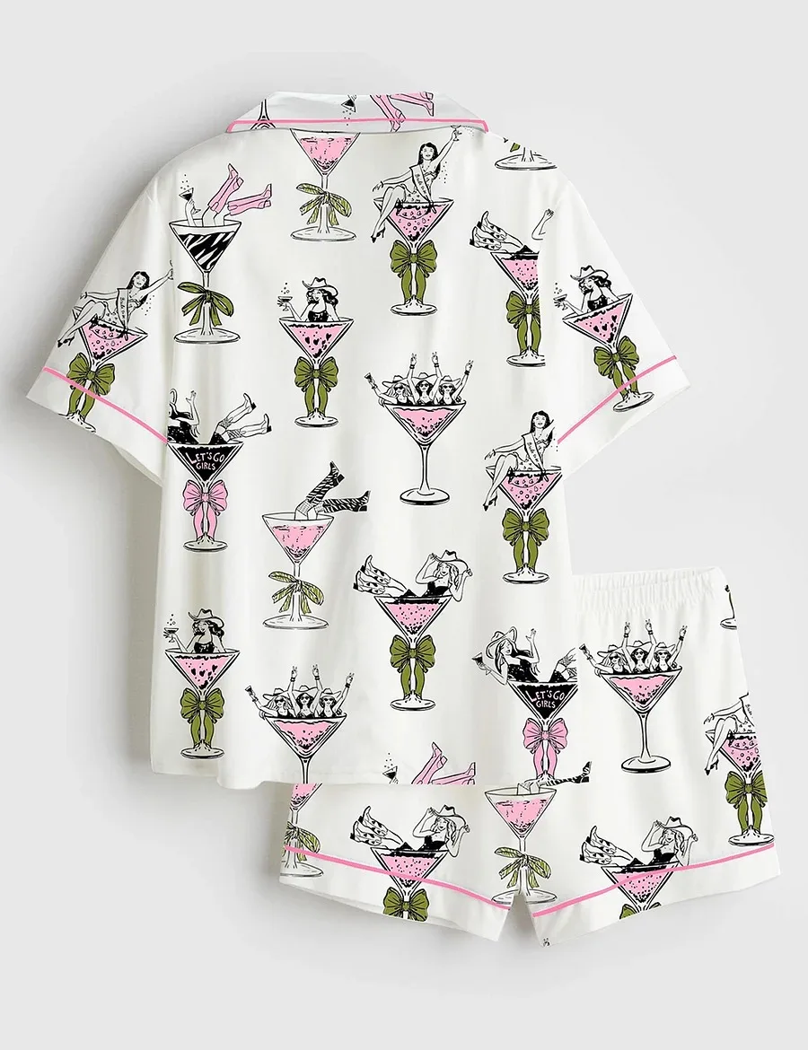 Girls In Martini Glass Hand Drawn Martini Drinks Print Satin Pajama Set (1)