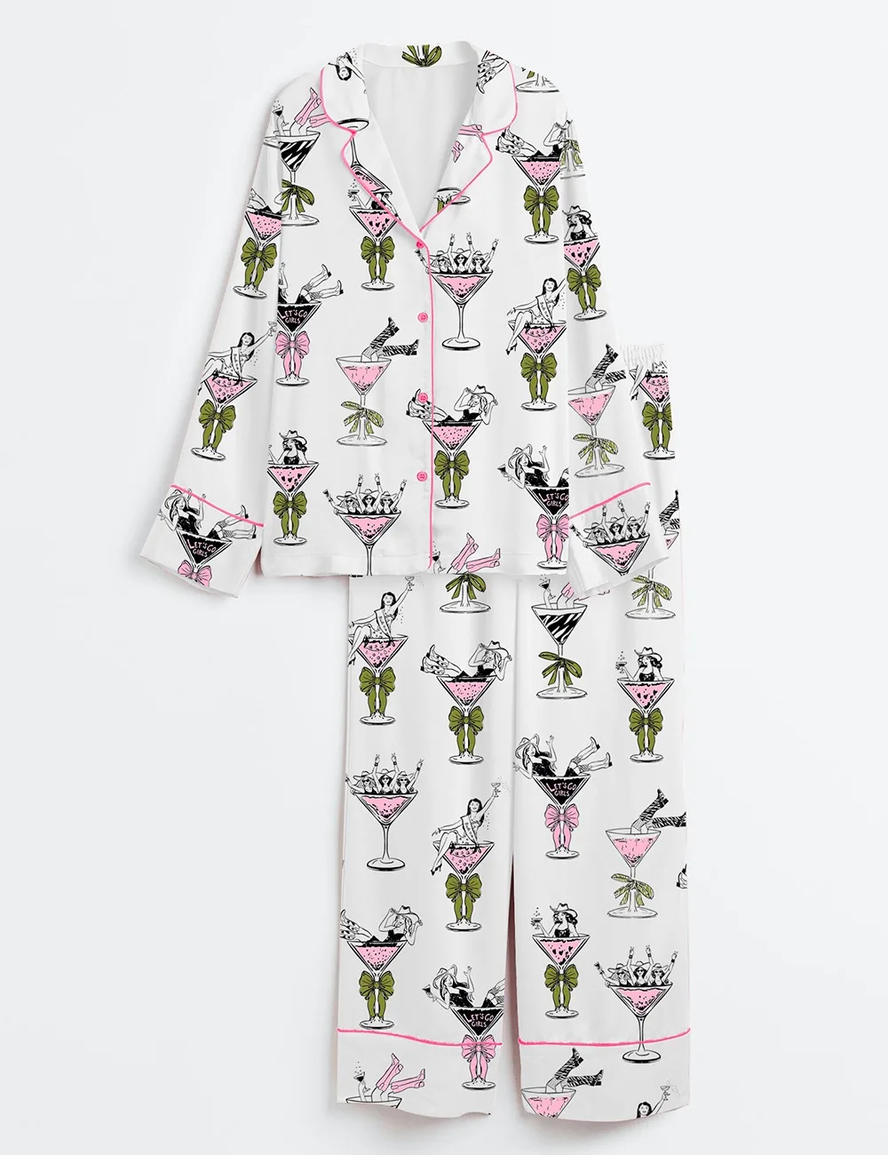 Girls In Martini Glass Hand Drawn Martini Drinks Print Satin Pajama Set (1)