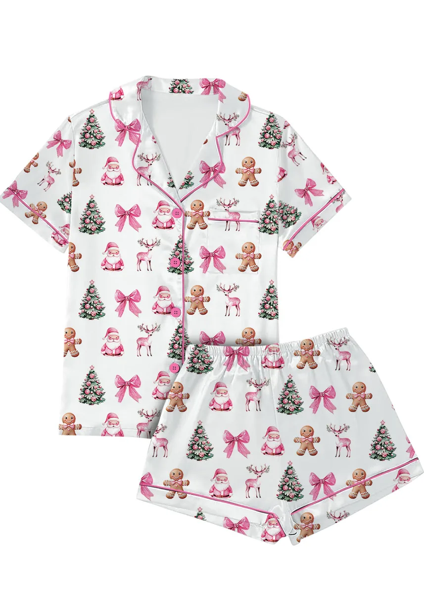 Coquette Pink Christmas Silky Satin Pajama Set For Women