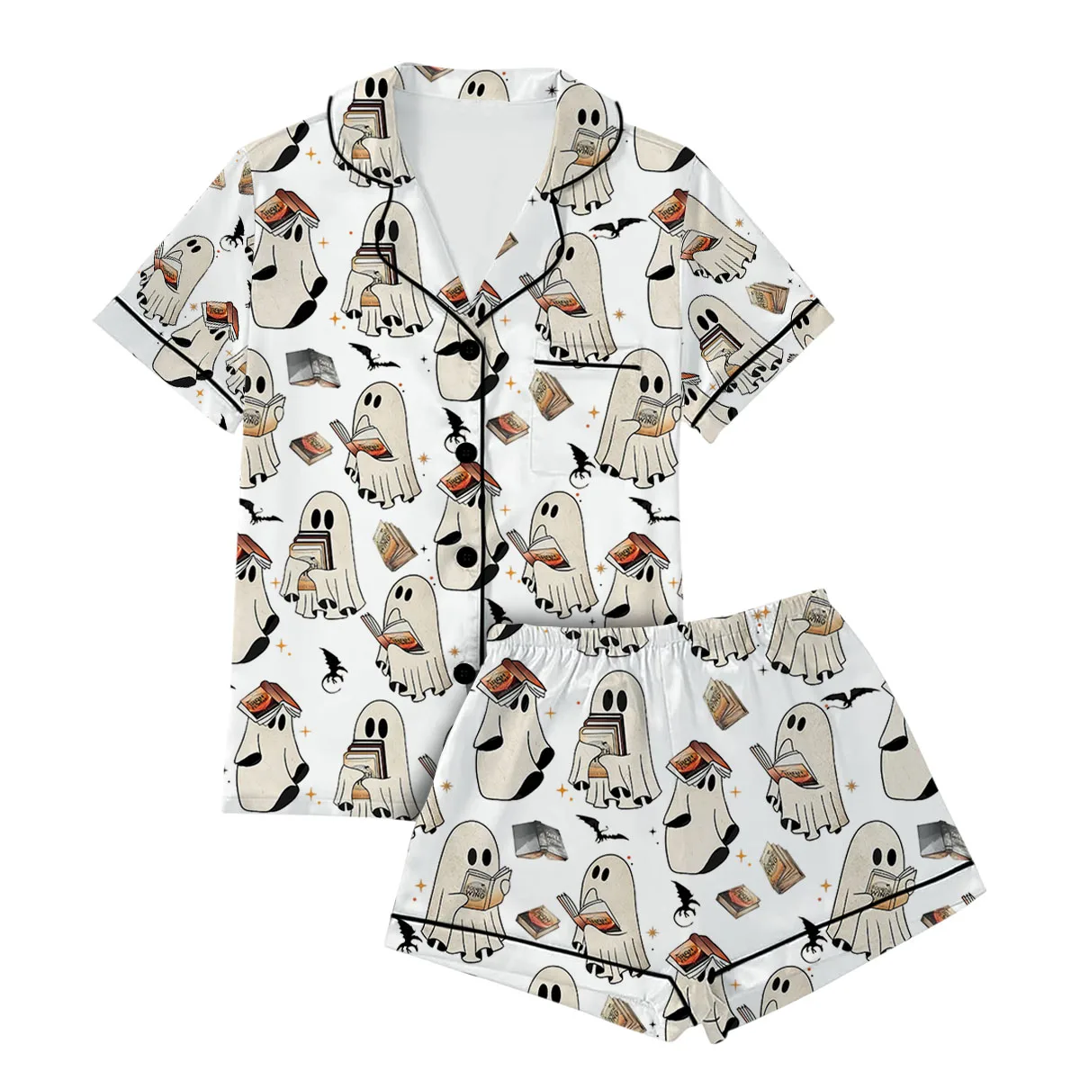 Cute Ghost Reading Book Satin Pajamas Set