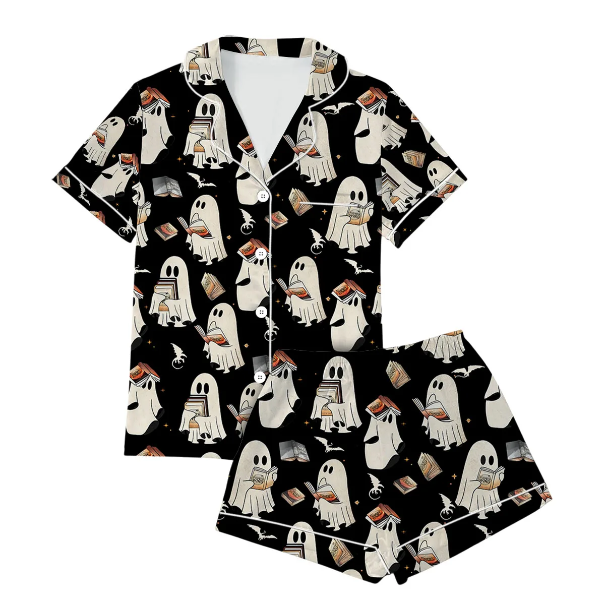 Cute Ghost Reading Book Satin Pajamas Set