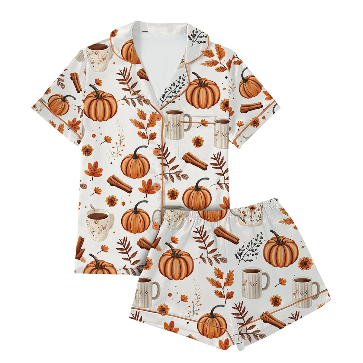 Pumpkin Spice Fall Satin Pajamas Set For Women
