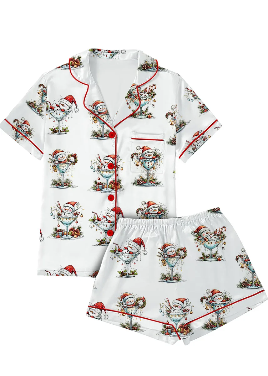 Quirky Snowman Christmas Satin Pajama Set For Women