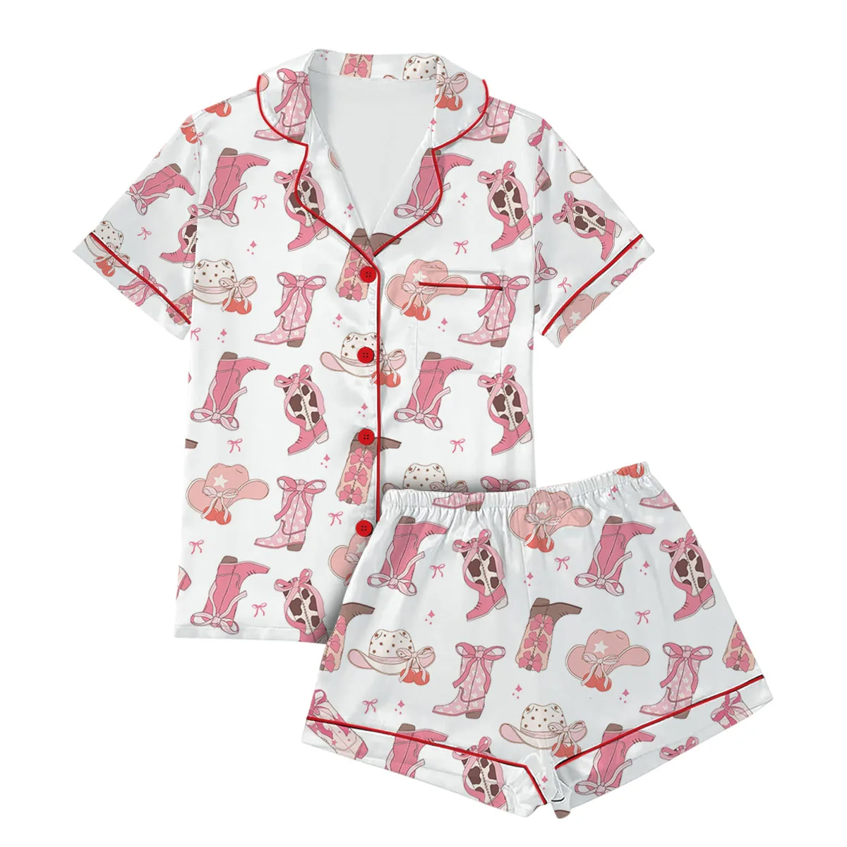 Pink Cowgirl Boots Satin Pajamas Set For Women