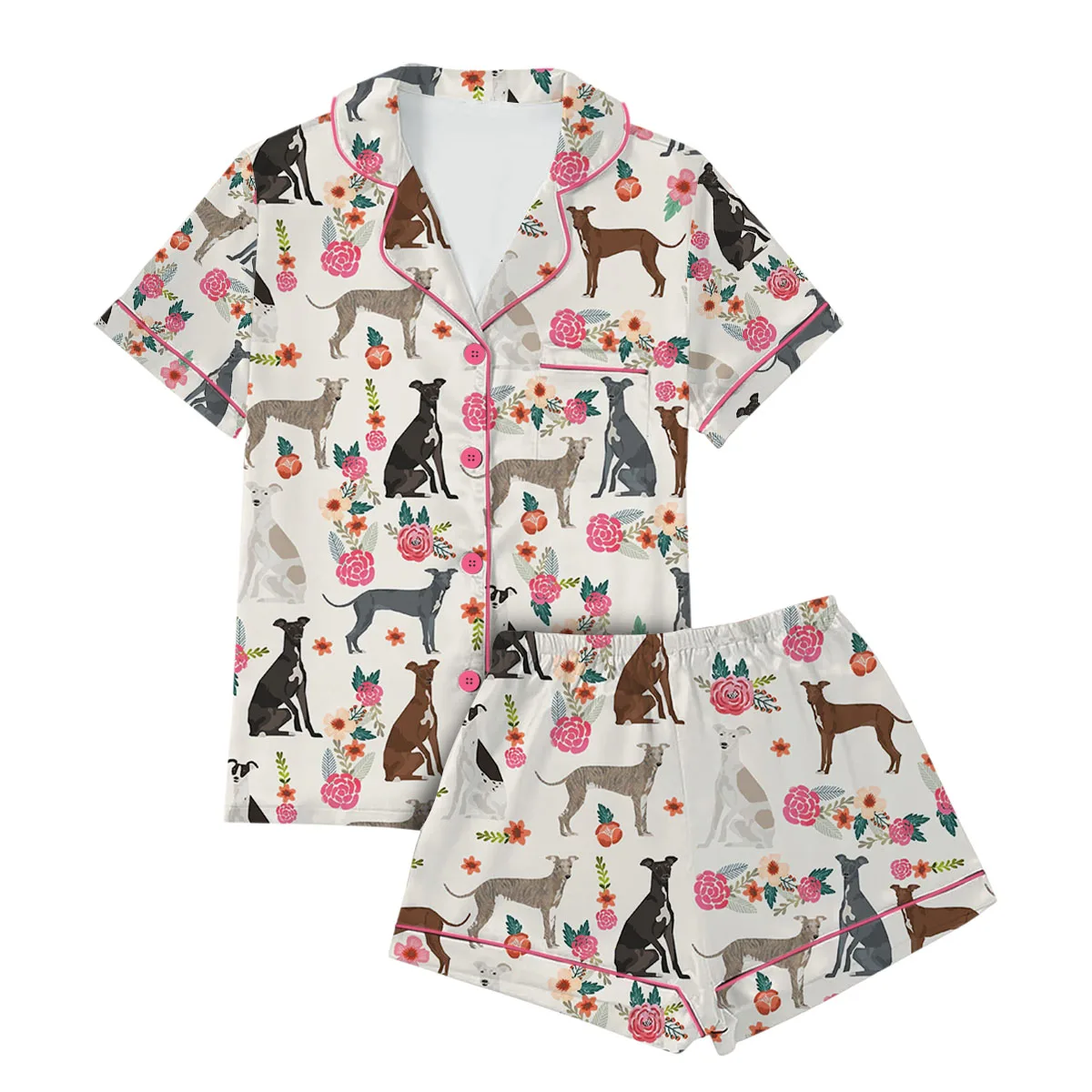 Dog Floral Satin Pajamas Set For Women