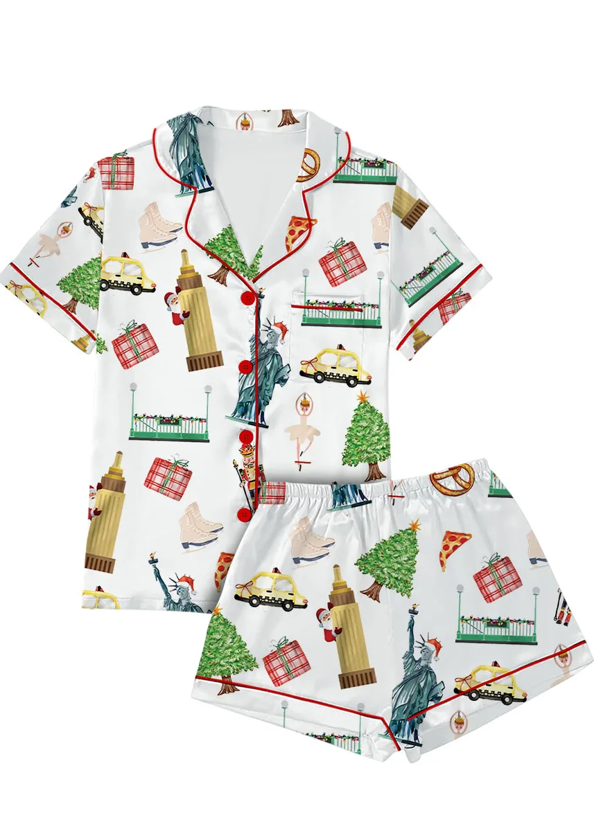 Christmas New York Satin Pajama Set For Women