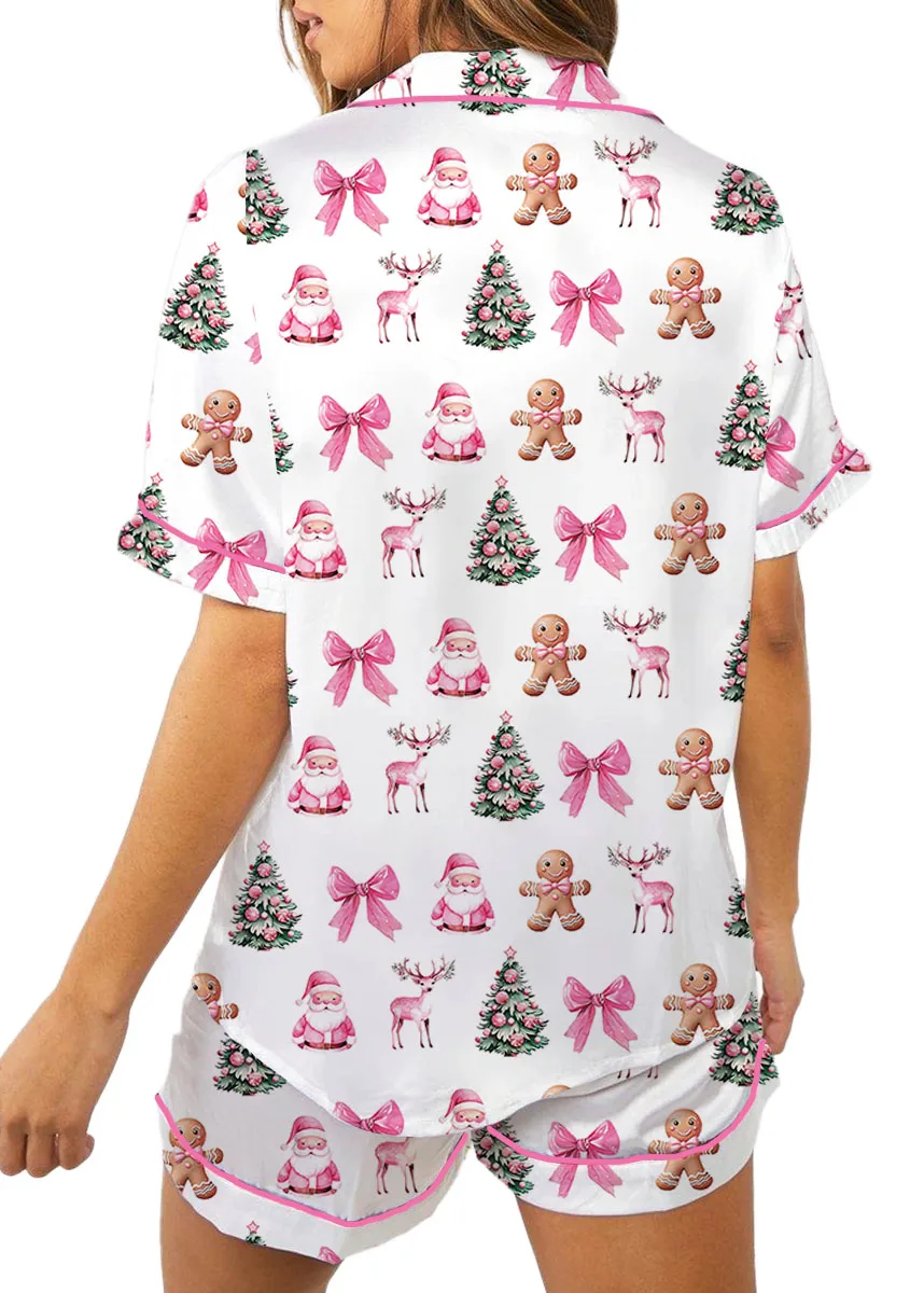 Coquette Pink Christmas Silky Satin Pajama Set For Women