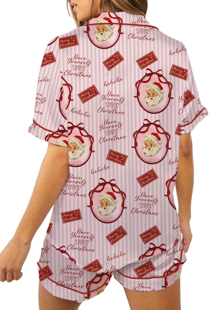 Pink Retro Santa Print Satin Pajamas Set For Women