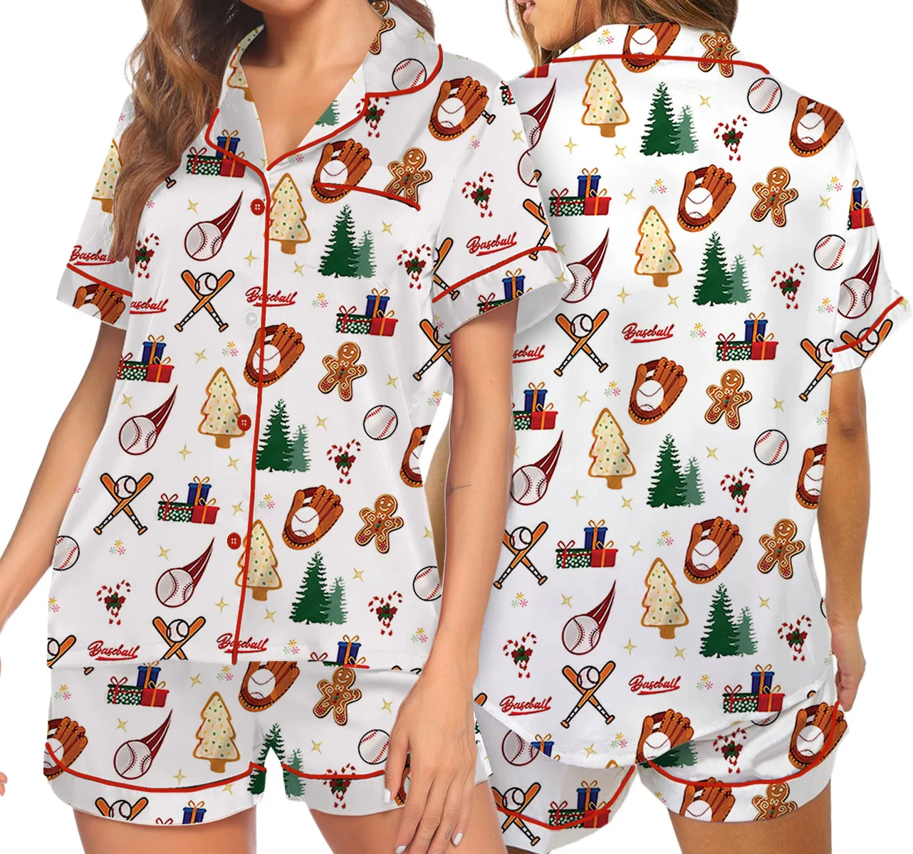 Baseball Christmas Satin Pajama Set For Women
