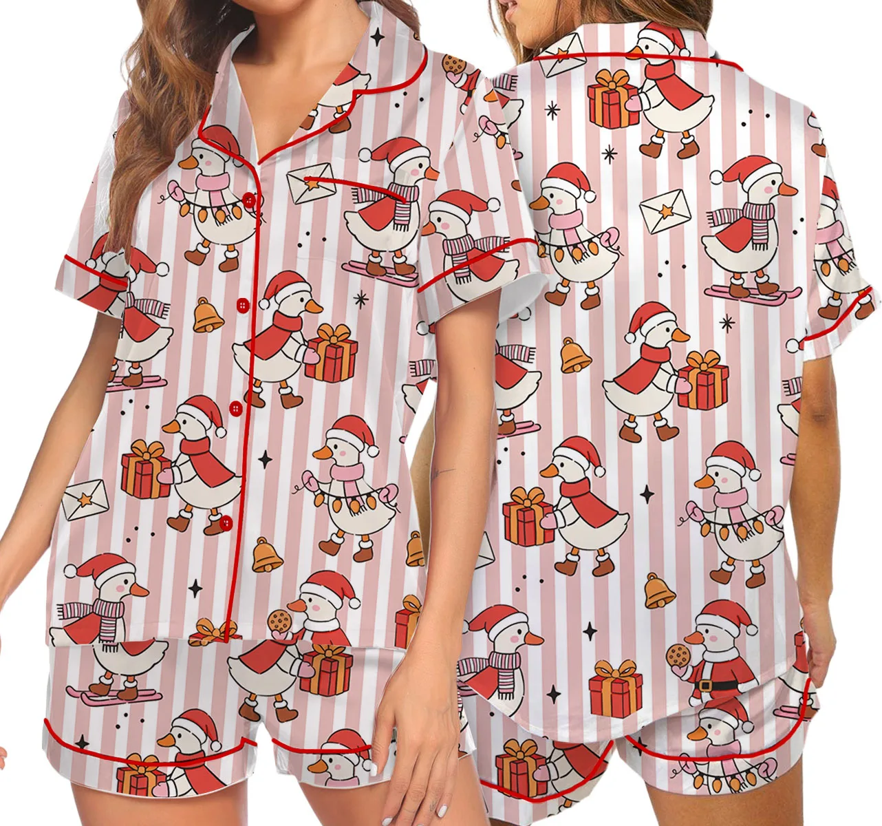 Christmas Santa Goose Satin Pajama Set For Women