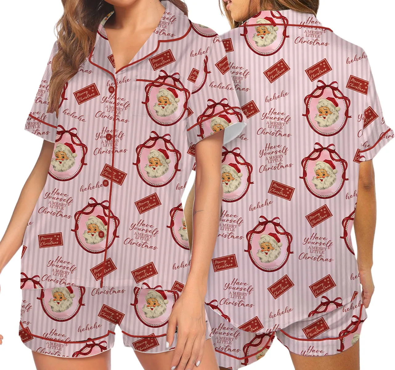 Pink Retro Santa Print Satin Pajamas Set For Women