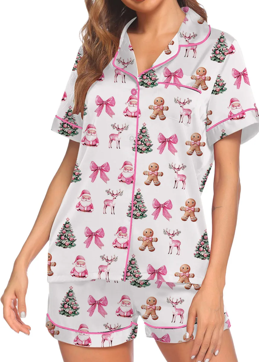 Coquette Pink Christmas Silky Satin Pajama Set For Women
