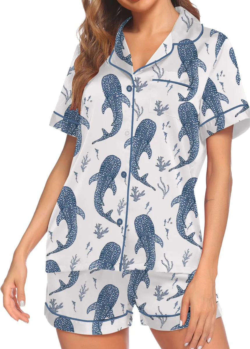 Women’s Whale Ocean Coconut Girl Jesus Beach Bachelorette Short Sleeve Satin Pajama Set