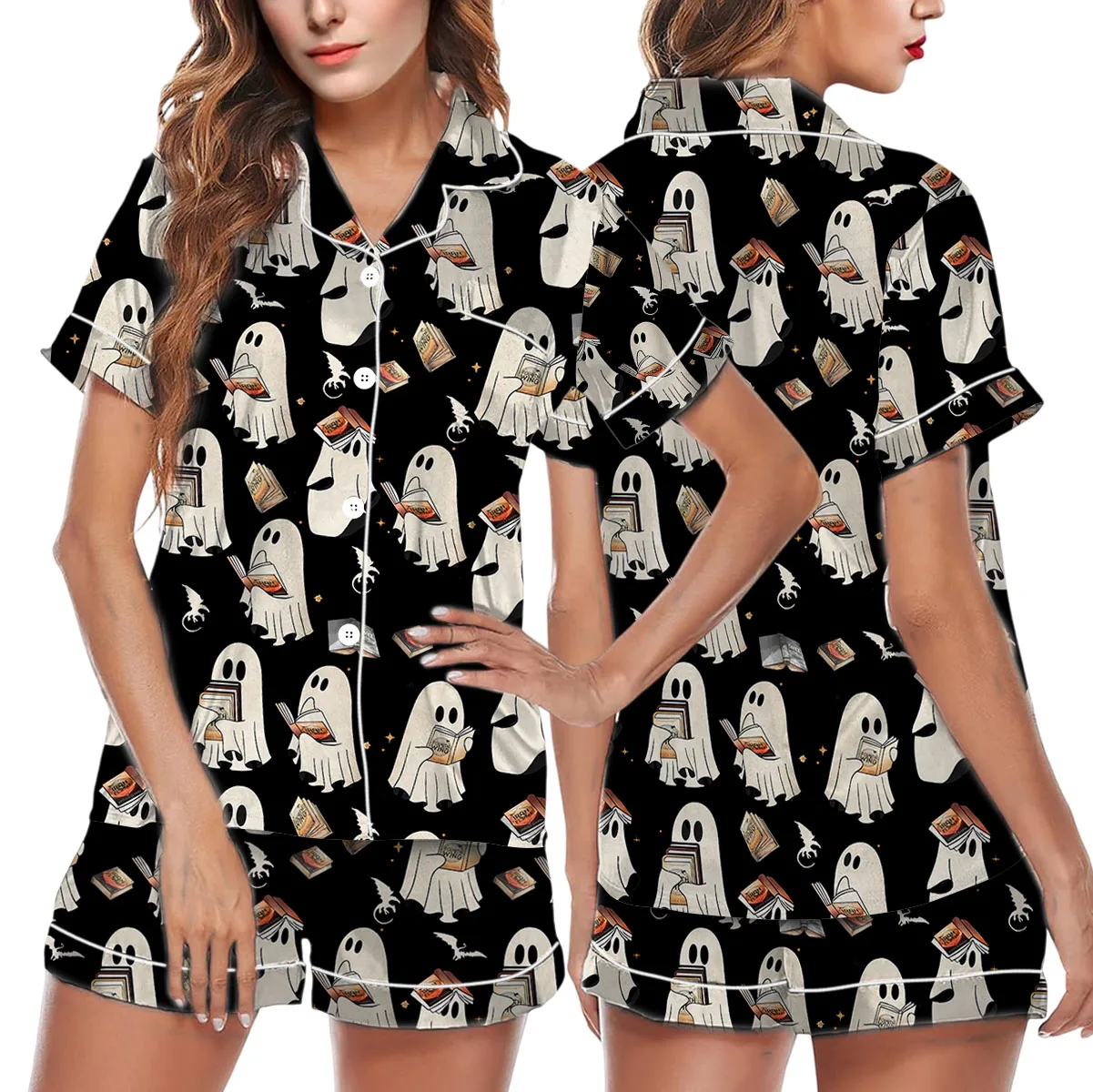 Cute Ghost Reading Book Satin Pajamas Set