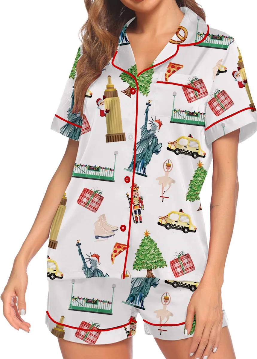 Christmas New York Satin Pajama Set For Women