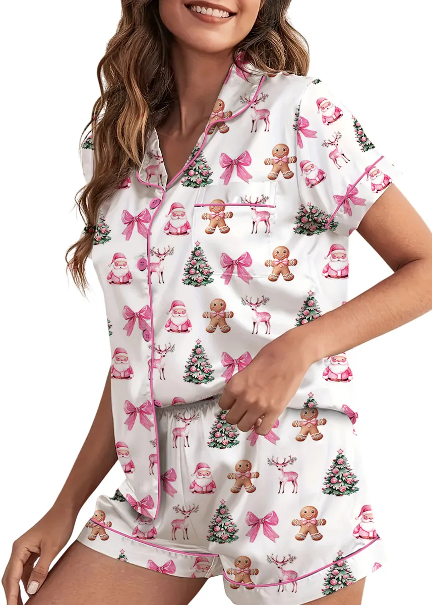 Coquette Pink Christmas Silky Satin Pajama Set For Women
