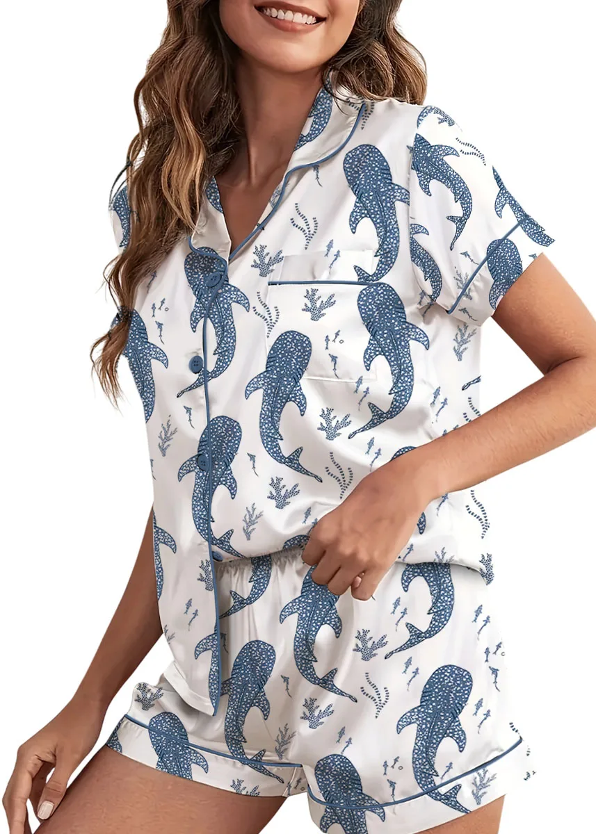 Women’s Whale Ocean Coconut Girl Jesus Beach Bachelorette Short Sleeve Satin Pajama Set