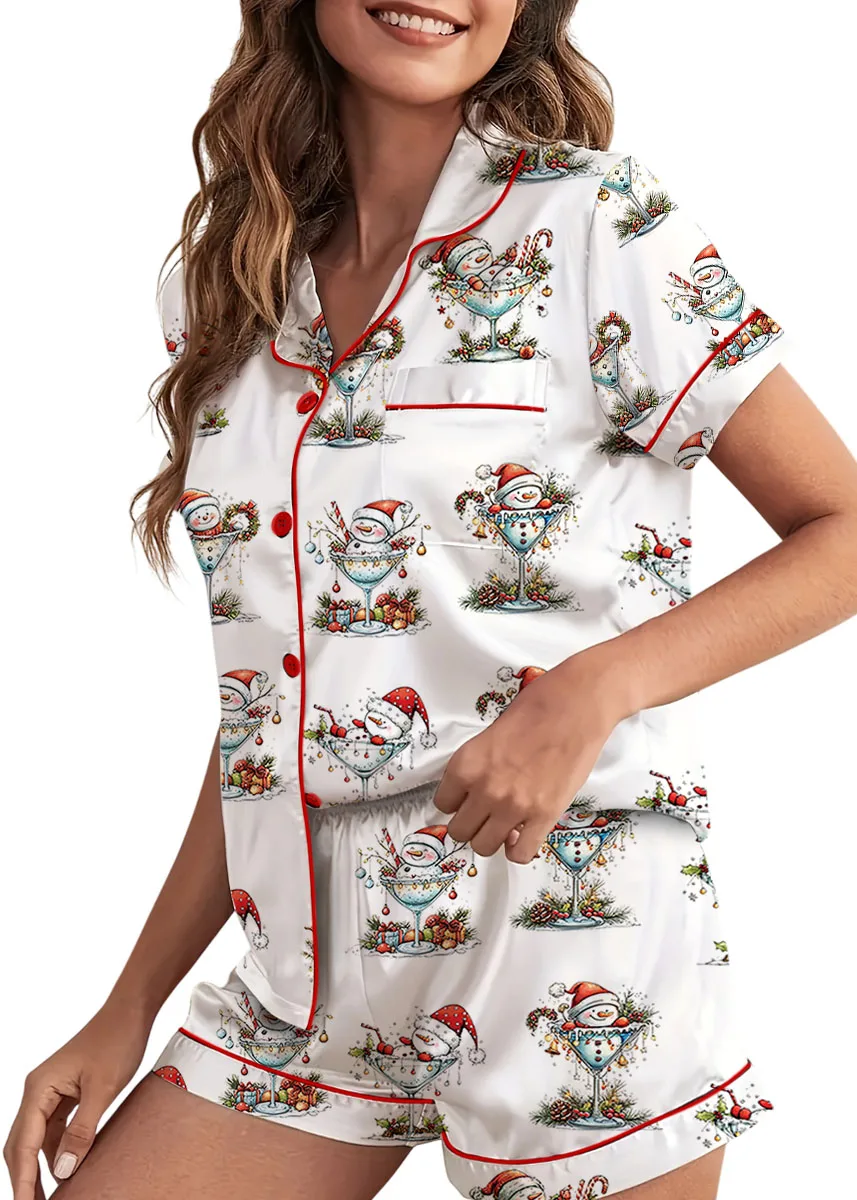 Quirky Snowman Christmas Satin Pajama Set For Women