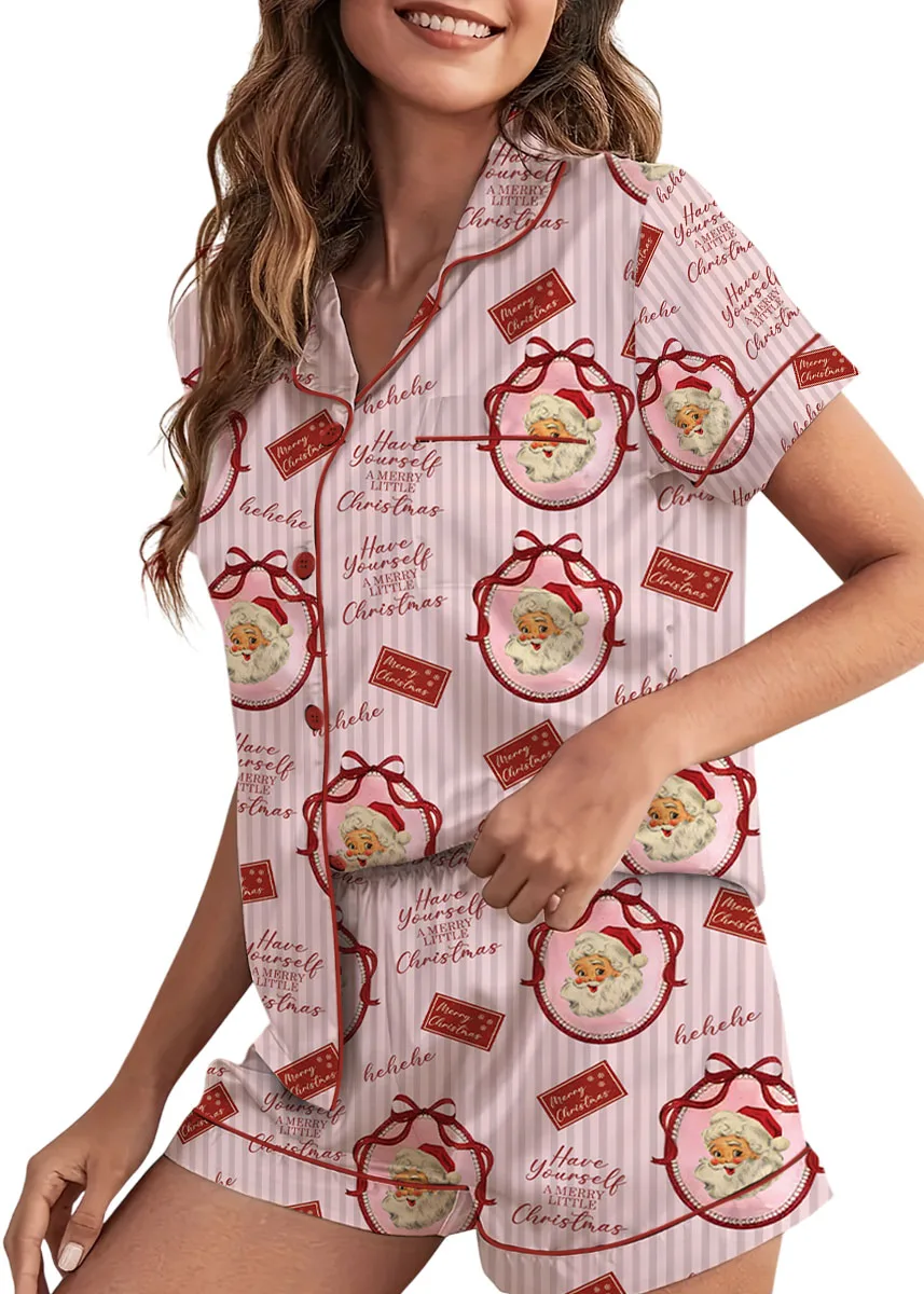 Pink Retro Santa Print Satin Pajamas Set For Women