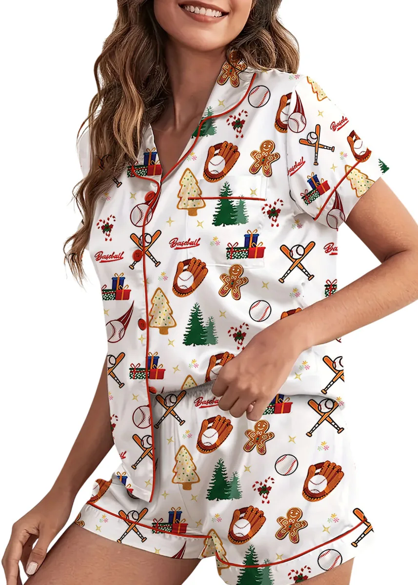 Baseball Christmas Satin Pajama Set For Women