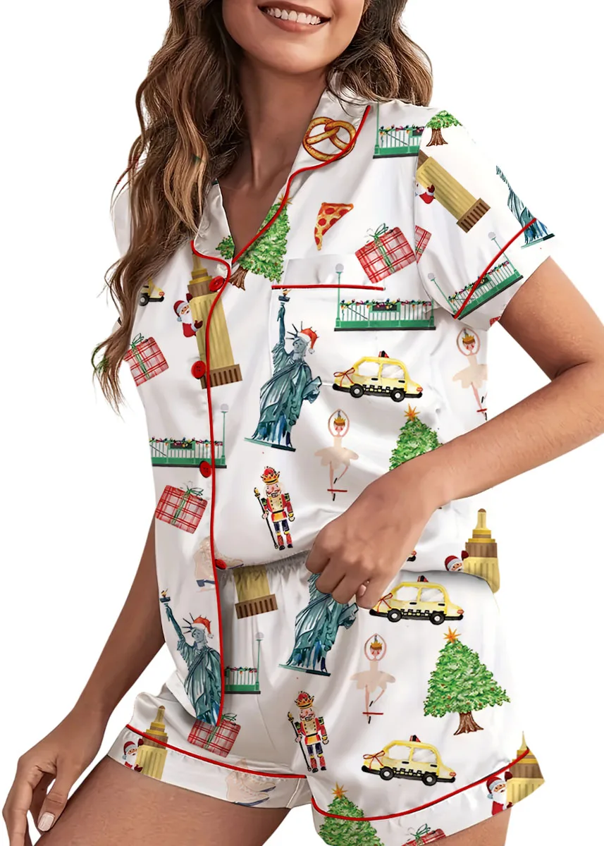 Christmas New York Satin Pajama Set For Women