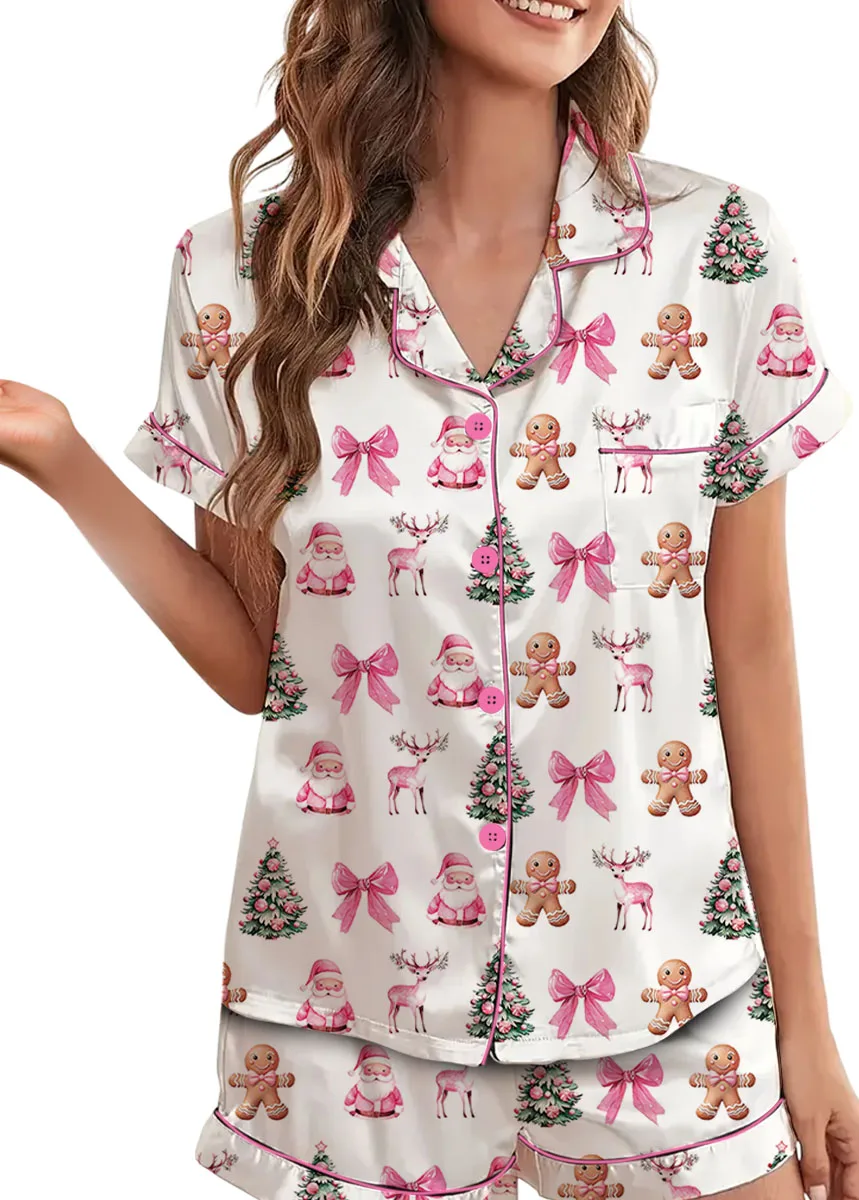 Coquette Pink Christmas Silky Satin Pajama Set For Women